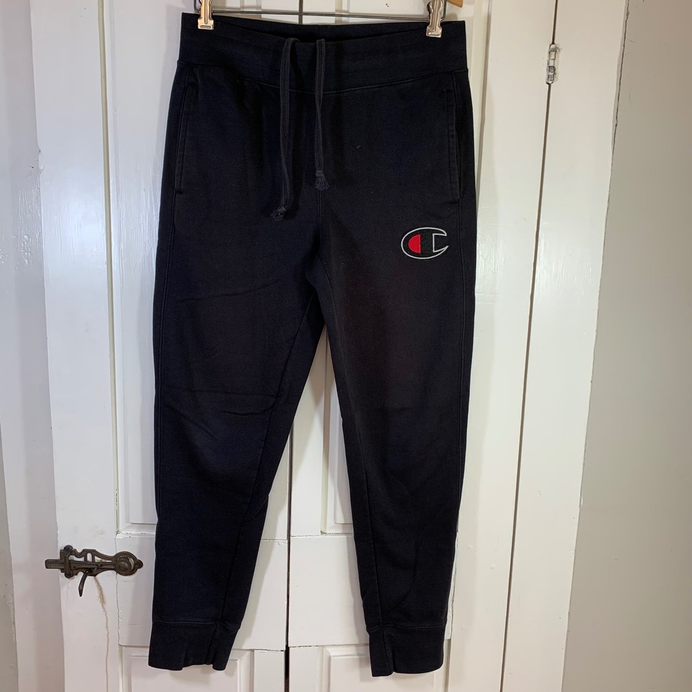 Champion Mens Black Jogger Sweatpants Large Felt Logo Patch Small Gym Workout